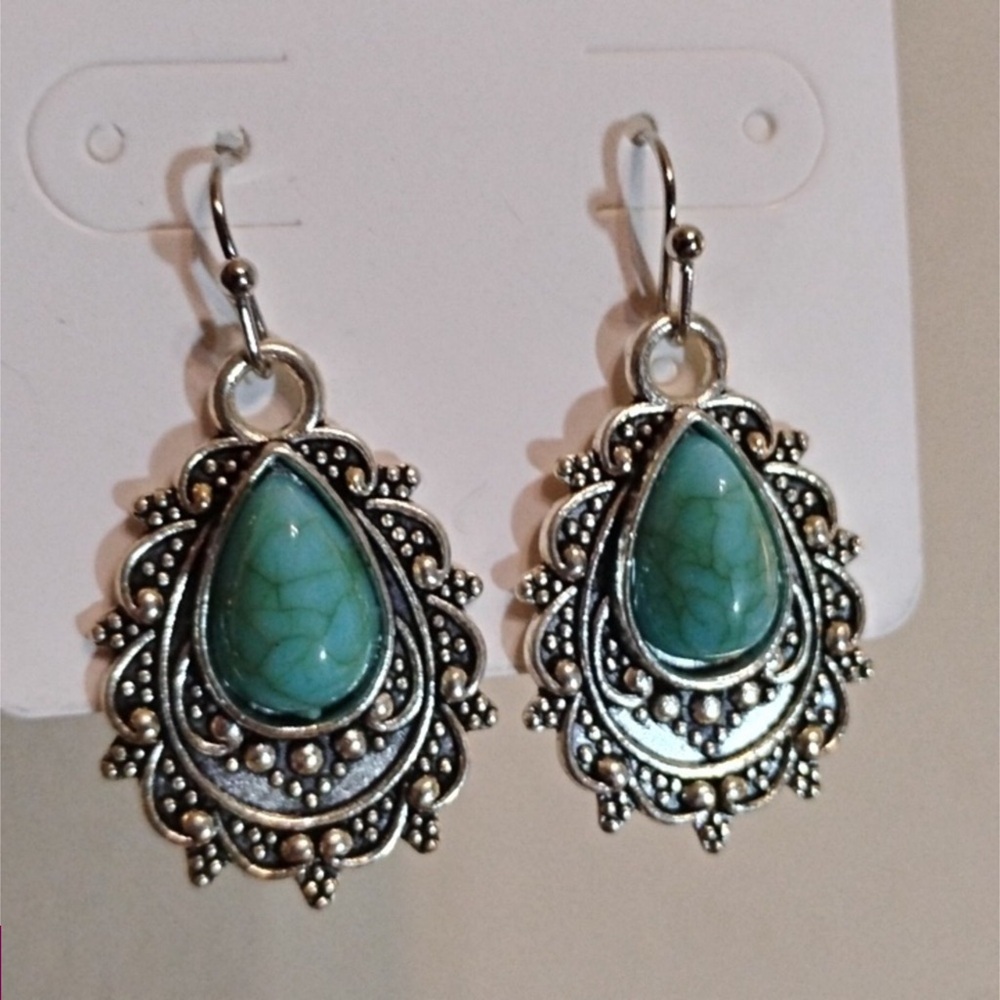 Ornate Silver Turquoise Teardrop Earrings
